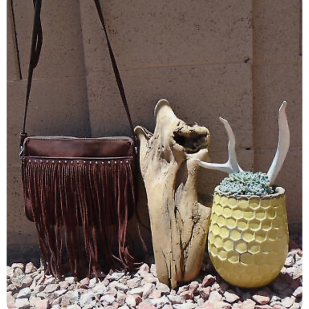 PATRICIA NASH Suede Leather Fringe Hand Bag Purse BROWN Studded Crossbody Bag